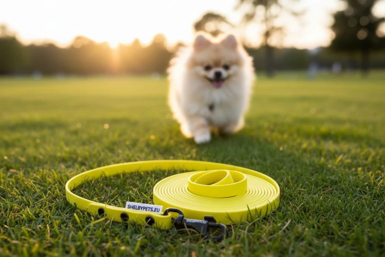 Smycz wodoodporna SHELBY WOOFY LEASH 1 cm szeroka wraz z pozującym psem w tle  kolor żółty (Product Staging).jpg