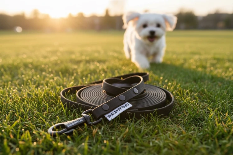 Smycz wodoodporna SHELBY WOOFY LEASH 1 cm szeroka wraz z pozującym psem w tle  kolor czarny (Product Staging).jpg