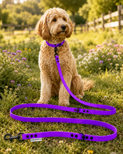 Pies pozujący wraz ze smyczą wodoodporną przepinaną w kolorze fioletowym Model Woofy Leash Lock ShelbyPets  (7).png