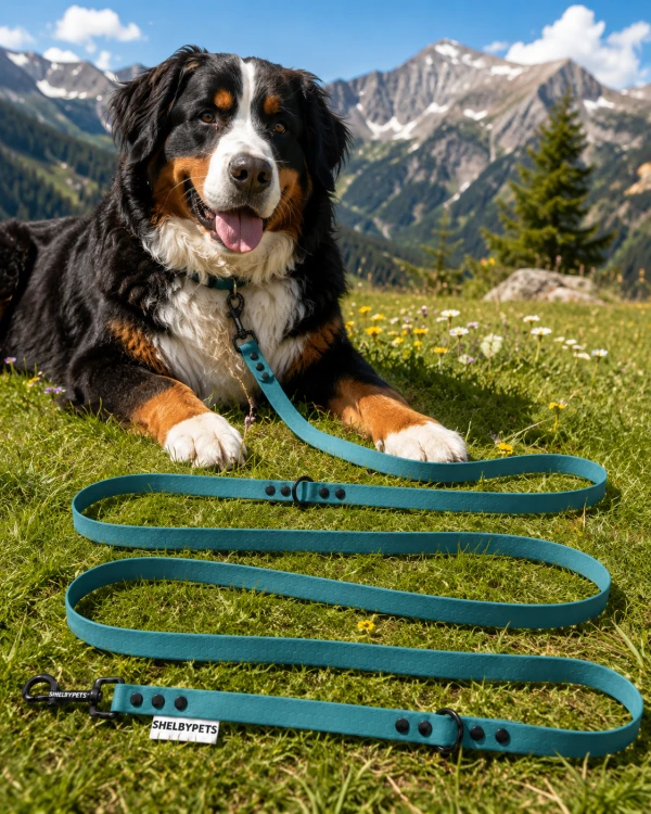Pies pozujący wraz ze smyczą wodoodporną przepinaną w kolorze zielonym-myśliwskim Model Woofy Leash Lock ShelbyPets  (19).png