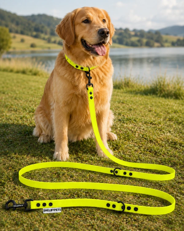 Pies pozujący wraz ze smyczą wodoodporną przepinaną w kolorze żółtym Model Woofy Leash Lock ShelbyPets  (5).png
