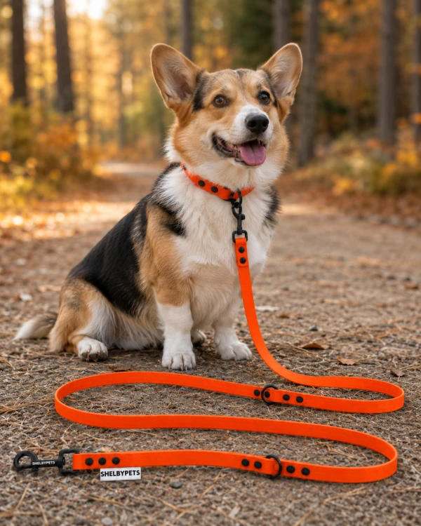Pies pozujący wraz ze smyczą wodoodporną przepinaną w kolorze pomarańczowym Model Woofy Leash Lock ShelbyPets  (2).png
