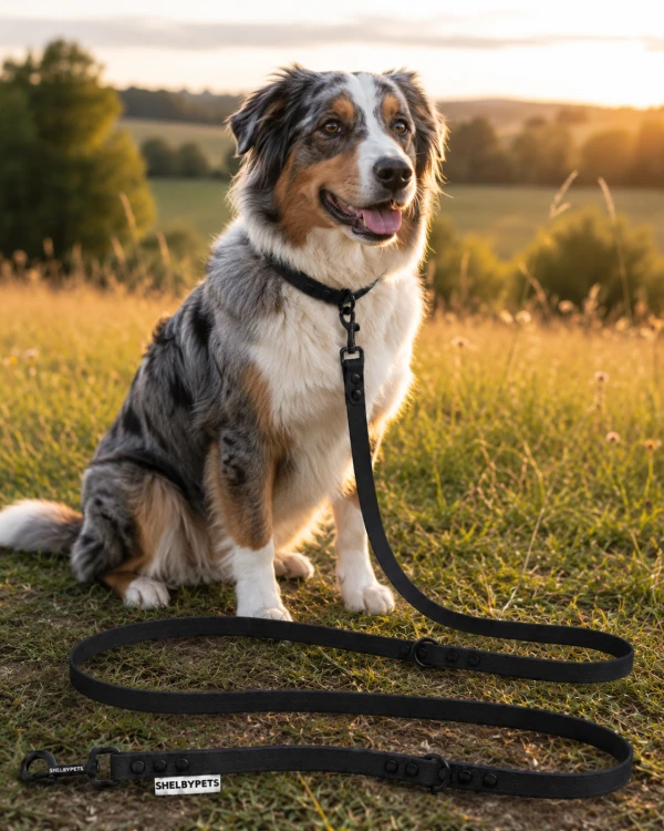 Pies pozujący wraz ze smyczą wodoodporną przepinaną w kolorze czarnym Model Woofy Leash Lock ShelbyPets  (3).png