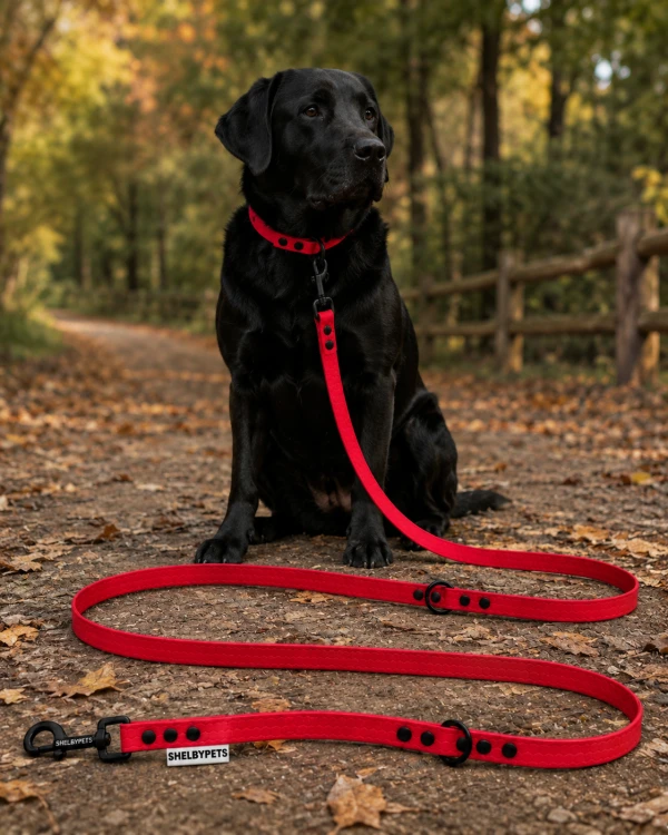 Pies pozujący wraz ze smyczą wodoodporną przepinaną w kolorze czerwonym Model Woofy Leash Lock ShelbyPets  (14).png