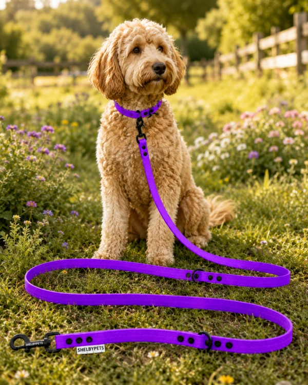 Pies pozujący wraz ze smyczą wodoodporną przepinaną w kolorze fioletowym Model Woofy Leash Lock ShelbyPets  (7).png