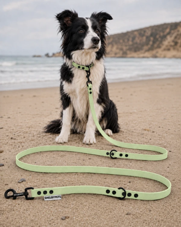 Pies pozujący wraz ze smyczą wodoodporną przepinaną w kolorze miętowo-zielonym Model Woofy Leash Lock ShelbyPets  (17).png