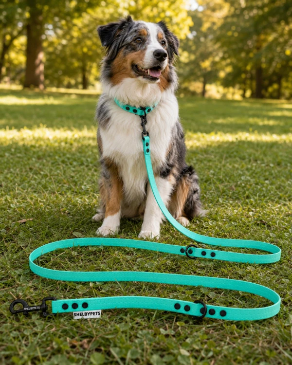 Pies pozujący wraz ze smyczą wodoodporną przepinaną w kolorze miętowym Model Woofy Leash Lock ShelbyPets  (13).png