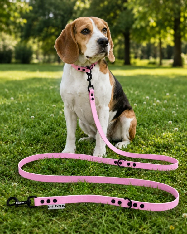 Pies pozujący wraz ze smyczą wodoodporną przepinaną w kolorze oliwkowym Model Woofy Leash Lock ShelbyPets  (15).png