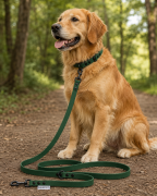 Pies pozujący wraz ze smyczą wodoodporną przepinaną w kolorze oliwkowym Model Woofy Leash Lock ShelbyPets  (16).png