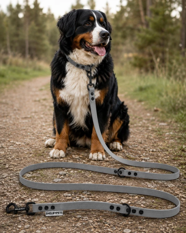 Pies pozujący wraz ze smyczą wodoodporną przepinaną w kolorze szarym Model Woofy Leash Lock ShelbyPets  (6).png