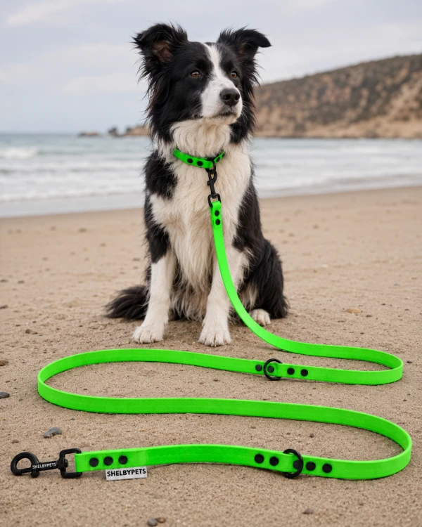 Pies pozujący wraz ze smyczą wodoodporną przepinaną w kolorze zielonym Model Woofy Leash Lock ShelbyPets  (27).png