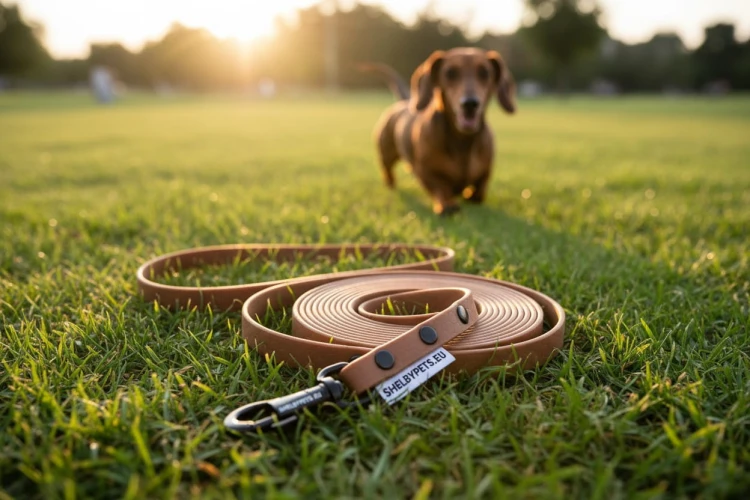 Smycz wodoodporna SHELBY WOOFY LEASH 1 cm szeroka wraz z pozującym psem w tle  kolor morelowy (Product Staging) (1).jpg
