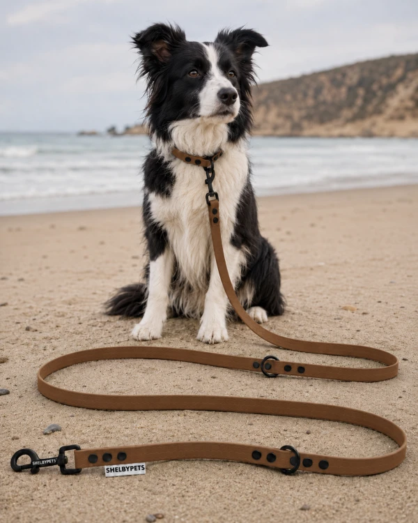 Pies pozujący wraz ze smyczą wodoodporną przepinaną w kolorze brązowym Model Woofy Leash Lock ShelbyPets  (18).png