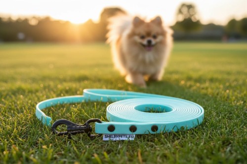 Smycz wodoodporna SHELBY WOOFY LEASH 1 cm szeroka wraz z pozującym psem w tle  kolor pastelowo niebieski (Product Staging).jpg