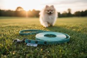 Smycz wodoodporna SHELBY WOOFY LEASH 1 cm szeroka wraz z pozującym psem w tle kolor myśliwsko zielony (Product Staging).jpg