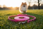 Smycz wodoodporna SHELBY WOOFY LEASH 1 cm szeroka wraz z pozującym psem w tle kolor różowo neonowy (Product Staging).jpg