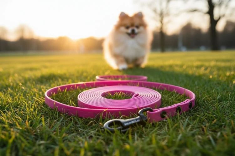 Smycz wodoodporna SHELBY WOOFY LEASH 1 cm szeroka wraz z pozującym psem w tle kolor różowo neonowy (Product Staging).jpg