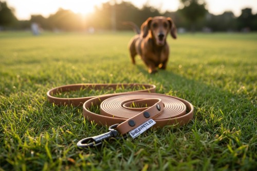 Smycz wodoodporna SHELBY WOOFY LEASH 1 cm szeroka wraz z pozującym psem w tle  kolor morelowy (Product Staging) (1).jpg