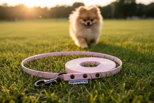 Smycz wodoodporna SHELBY WOOFY LEASH 1 cm szeroka wraz z pozującym psem w tle  kolor lawendowy (Product Staging).jpg