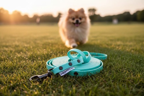 Smycz wodoodporna SHELBY WOOFY LEASH 1 cm szeroka wraz z pozującym psem w tle kolor miętowy (Product Staging).jpg