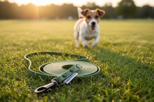 Smycz wodoodporna SHELBY WOOFY LEASH 1 cm szeroka wraz z pozującym psem w tle kolor oliwkowy (Product Staging).jpg