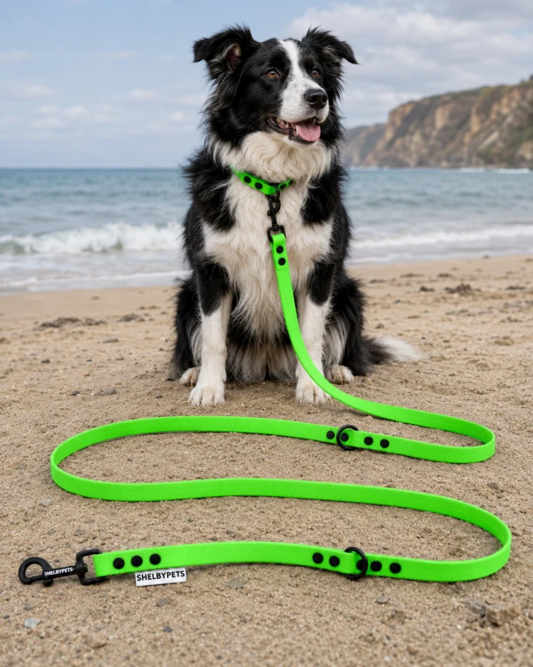 Pies pozujący wraz ze smyczą wodoodporną przepinaną w kolorze zielonym Model Woofy Leash Lock ShelbyPets  (25).png